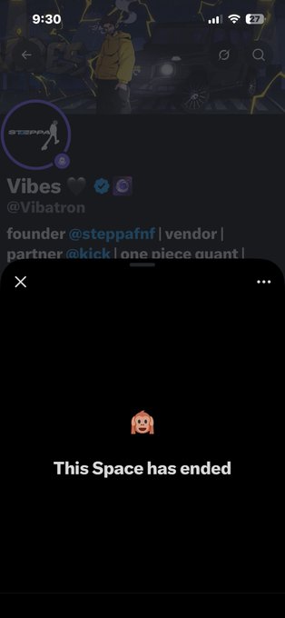 A mobile app screenshot shows a profile for 'Vibes' (@Vibatron) with the bio mentioning founder @steppafnf, with a pop-up window stating 'This Space has ended' featuring a small ghost emoji.