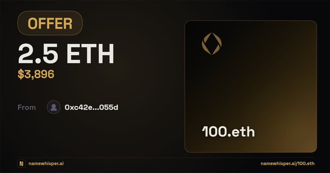 The image is a promotional post for an ether mining site. It features a square banner with text that includes "Offer" written at the top, followed by "2.5ETH" and "$3,896", indicating an offer of ether being placed on a 0.5 ether coin. The website's name appears in bold white letters at the bottom right corner of the image.

The post also contains a text that says "from ox42e.0555d". This may be related to the mining activity or transactions involving the ether coins. The main focus of the photo is on this banner and its details, which are crucial for understanding the offer placed in relation to the auction website's offerings.