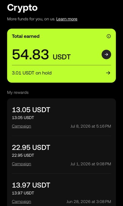 A mobile app screen titled 'Crypto' showing total earnings of 54.83 USDT (with 3.01 USDT on hold), listing my rewards including 13.05 USDT on Jul 8, 2026, 22.95 USDT on Jul 1, 2026, and 13.97 USDT on Jun 28, 2026.