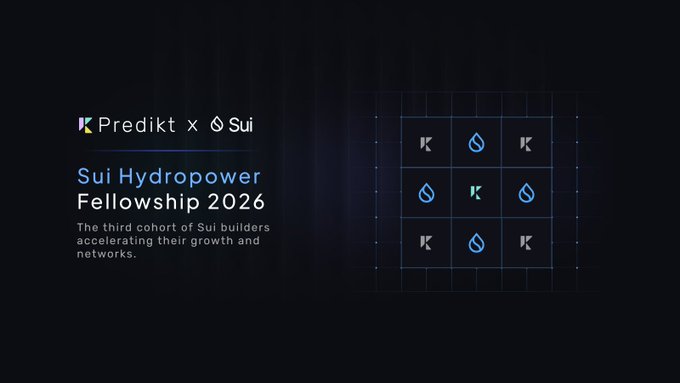 A dark promotional graphic for the "Sui Hydropower Fellowship 2026" by Predikt x Sui, featuring a grid pattern with K and water droplet icons, describing it as the third cohort of Sui builders.