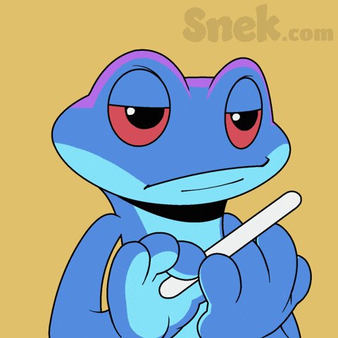The image features a cartoon frog with blue skin, holding a white object (possibly a pencil) in its hands. The background of the image is yellow, which contrasts with the blue color of the frog's skin. There are no other objects or texts present in the image. The caption "I always just stack. One day it'll pay off. Your future self thanks you $SNEK" is written above and below the image. This text seems to be related to the cartoon frog, possibly indicating a connection between the frog's actions and the concept of stacking or saving money for the future.