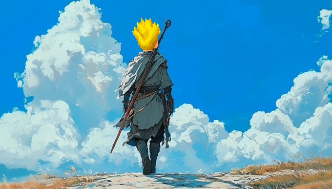 A digital illustration depicts a warrior with spiky blonde hair, viewed from behind, carrying a staff on his back while standing on a hill against a bright blue sky with fluffy white clouds.