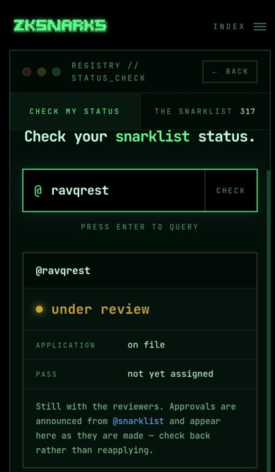 A dark-themed status check interface from ZKSNARKS displaying the search results for '@ravqrest', indicating the application is 'under review' and 'on file' with a pass 'not yet assigned'.