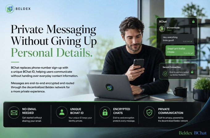 The image is a promotional graphic for Beldex's BChat, featuring the tagline "Private Messaging Without Giving Up Personal Details," with a man using a laptop and smartphone alongside a chat interface screenshot. It aligns with the post by showcasing BChat's privacy-focused features—no email needed, unique BChat ID, encrypted chats, and private communication through Beldex's decentralized network.