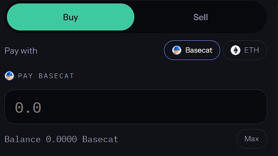 A cryptocurrency trading interface showing a 'Buy' tab is active, with options to 'Pay with' either Basecat or ETH, displaying a balance of 0.0000 Basecat.