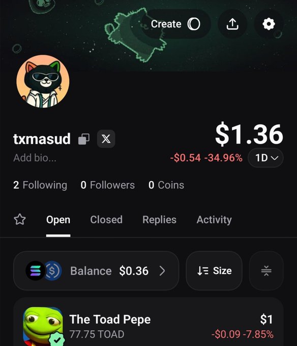 A Polymarket profile screen for user 'txmasud' showing a balance of $1.36, down -$0.54 (-34.96%), with 2 Following, 0 Followers, and an open position in 'The Toad Pepe' market at $1, down -7.85%.