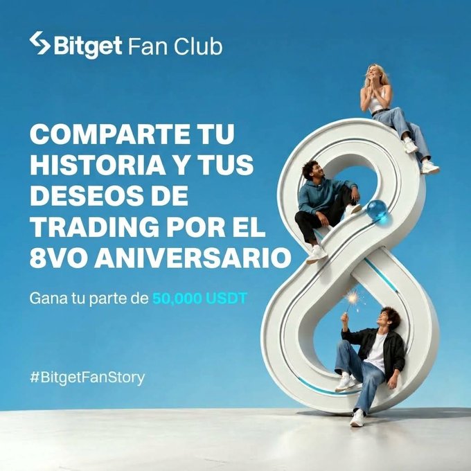 Bitget Fan Club advertisement in Spanish reading 'COMPARTE TU HISTORIA Y TUS DESEOS DE TRADING POR EL 8VO ANIVERSARIO' and 'Gana tu parte de 50,000 USDT' with the hashtag #BitgetFanStory.