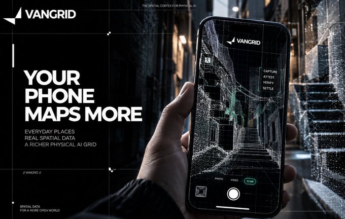 A promotional graphic for 'VANGRID' features a person holding a smartphone that displays a spatial 3D map overlay on an urban street scene, with text reading 'YOUR PHONE MAPS MORE' and 'CAPTURE ATTEST VERIFY SETTLE.'