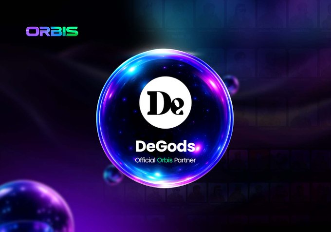 A glowing purple and blue sphere displaying the 'DeGods' logo and text 'Official Orbis Partner,' set against a dark background with the 'ORBIS' logo in the top left.