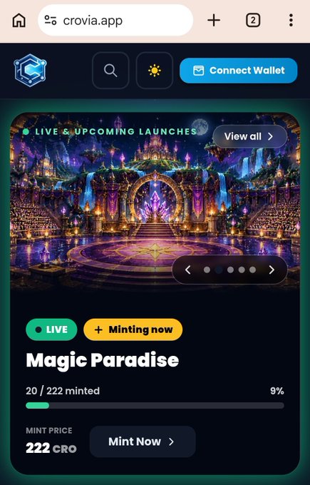 A mobile screenshot of the "crovia.app" website displaying a "Live & Upcoming Launches" section for a collection called "Magic Paradise," which is currently live and minting, showing 20/222 minted at a price of 222 CRO.