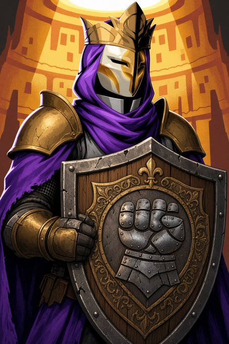A stylized illustration of an armored knight with a white and gold helmet, wearing a purple cape and holding a wooden shield featuring a fist emblem and fleur-de-lis design.