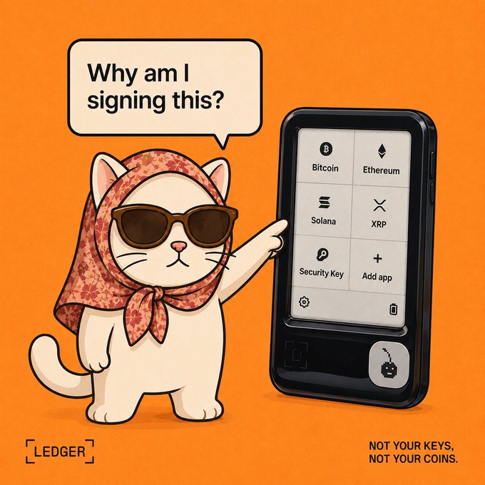 A Ledger advertisement featuring a cartoon cat in sunglasses and a headscarf asking 'Why am I signing this?' next to a hardware wallet showing Bitcoin, Ethereum, Solana, XRP options, with the tagline 'NOT YOUR KEYS, NOT YOUR COINS.'