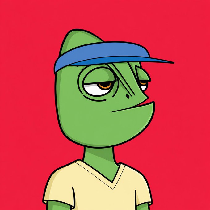 A cartoon green lizard character with a smug expression wears a blue visor and a cream-colored V-neck shirt against a red background, conveying a skeptical or jaded "is this really happening?" vibe that fits the post's questioning tone about whether NFT season is returning.
