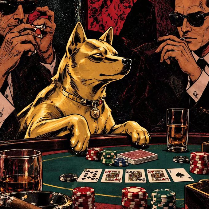 A stylized, comic-book-style illustration of a golden Shiba Inu dog wearing a collar, sitting at a green poker table surrounded by chips, cards, drinks, and shadowy figures in suits.
