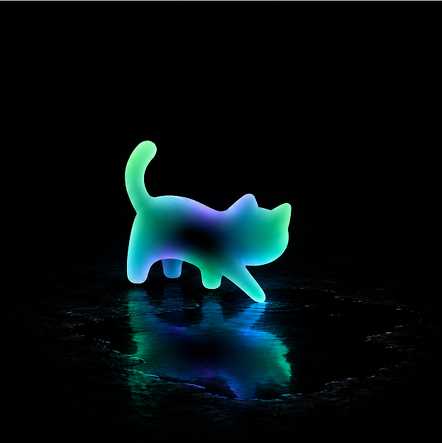 A glowing, multicolored silhouette of a cat stands on a wet, reflective surface against a dark background, mirroring the "bright spot" and playful feline theme referenced in the post. The image visually reinforces the upcoming $LUCAT token launch on the Solana network, matching the caption's call to "keep the lights on."