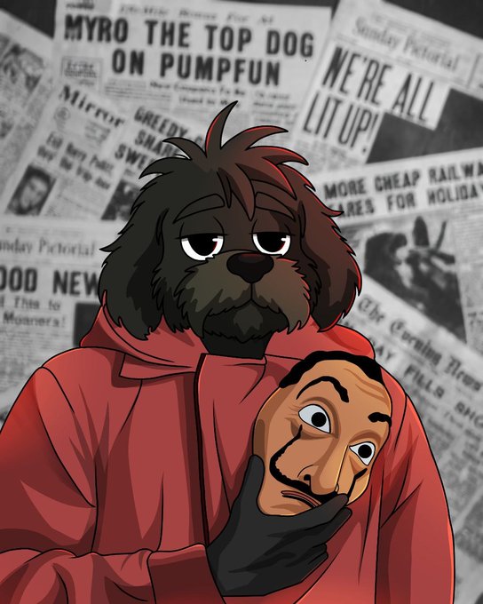An anthropomorphic dog in a red hoodie holds up a mask in front of a wall of newspaper clippings, with headlines like "MYRO THE TOP DOG ON PUMPFUN" and "WE'RE ALL LIT UP!" referencing the $MYRO memecoin. The scene evokes the heist imagery of "Money Heist," tying into the "Bella Ciao" reference as a signal that a plan is being set in motion for the Myro community.