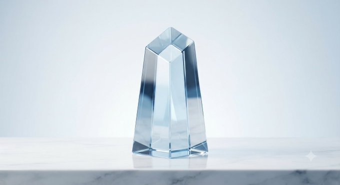 A clear, faceted crystal or glass award shaped like a hexagonal prism, sitting on a white marble surface against a soft light background.