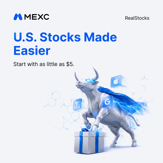 A MEXC RealStocks advertisement reading 'U.S. Stocks Made Easier - Start with as little as $5.', featuring an illustration of a silver bull wearing a blue cape standing on a gift box alongside stock icons.