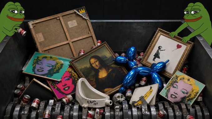 A metal shredder containing famous artworks like the Mona Lisa and Banksy's 'Girl with Balloon', a Marilyn Monroe pop art piece, a blue balloon dog, and a urinal, with a sprayed dollar sign on one artwork, flanked by two Pepe the Frog characters.