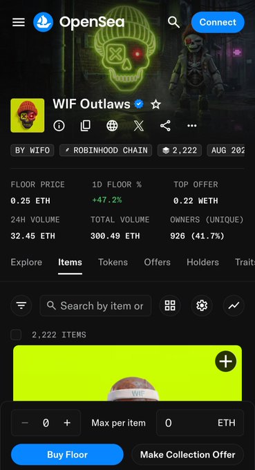 OpenSea NFT marketplace page showing the WIF Outlaws collection with a floor price of 0.25 ETH, 24H volume of 32.45 ETH, and 926 unique owners.