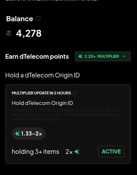The image shows a mobile device screen displaying information about an account with multiple reward points or activities. The main focus of the image is a summary text box that provides details related to Quip Network's rewards, specifically mentioning Quantum Echoes NFT and Hold DTelecom Origin ID. These details are relevant for those interested in the services provided by Quip Network. Additionally, there may be other descriptions within the image providing context or background information about the account. The overall impression is one of interest and engagement with the account offerings from Quip Network.