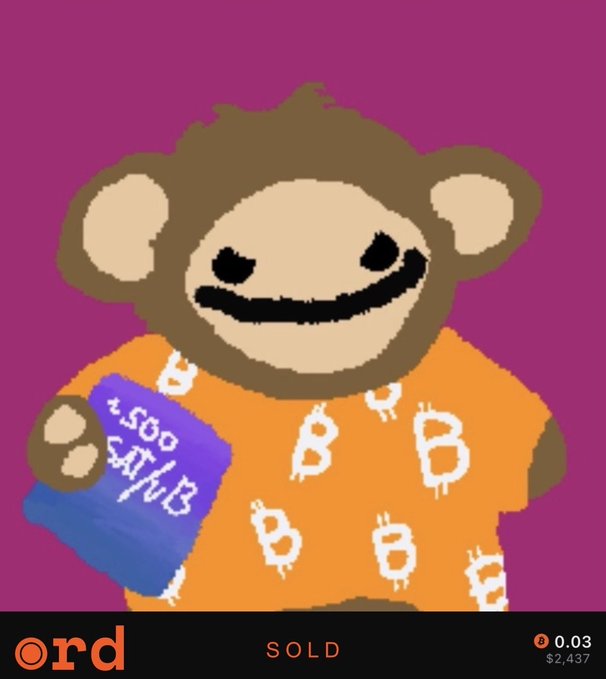 A pixel art image of a bear-like character with a wide smile wearing an orange Bitcoin-patterned shirt, holding a purple sign reading "1,500 SAT/B", displayed on an Ordinals marketplace listing marked "SOLD" with a price of 0.03 ($2,437).