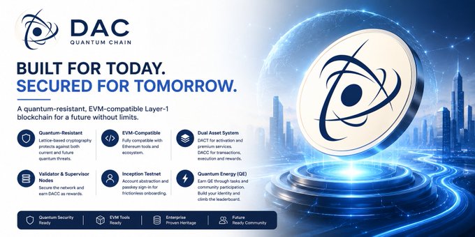 A promotional graphic for 'DAC Quantum Chain' advertises a quantum-resistant, EVM-compatible Layer-1 blockchain with the tagline 'Built for today. Secured for tomorrow' and highlights features like dual asset system and validator/supervisor roles.