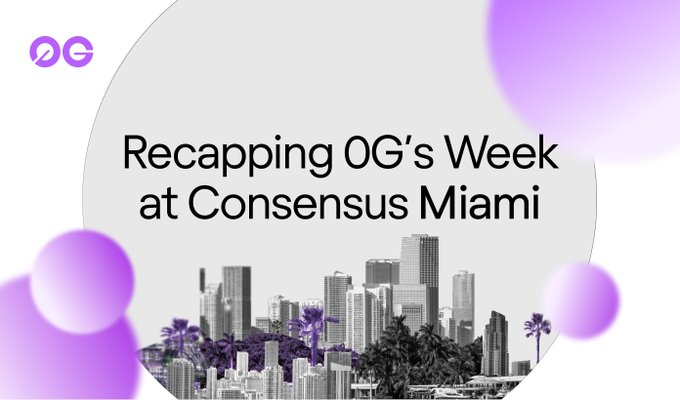 A promotional graphic featuring the text "Recapping OG's Week at Consensus Miami" alongside a purple-tinted cityscape, with the "0G" logo in the corner, tying into 0G Labs' recap of their presence at the Consensus Miami conference to highlight their decentralized AI infrastructure efforts.
