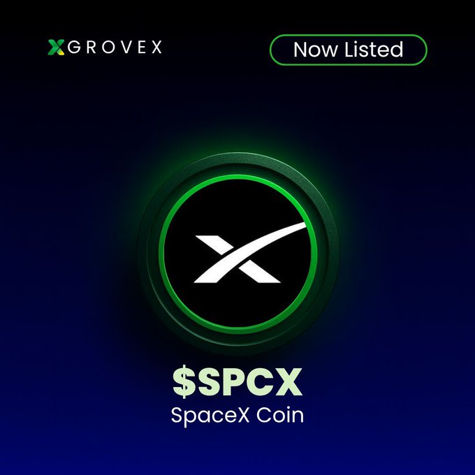 A promotional graphic from GroveX announces the listing of SpaceX Coin ($SPCX), featuring a green circular SpaceX logo against a dark blue background with "Now Listed" and "$SPCX SpaceX Coin" text, matching the post's announcement of the token's availability for trading on the platform.