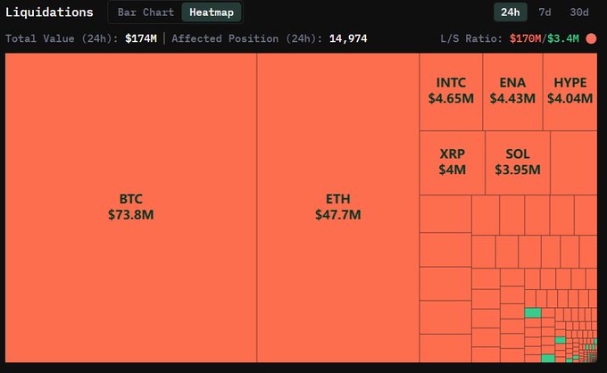 A 24-hour liquidation heatmap showing $174M total in liquidations affecting 14,974 positions, with an L/S ratio of $170M longs to $3.4M shorts. BTC ($73.8M) and ETH ($47.7M) dominate the losses, followed by INTC, ENA, HYPE, XRP, and SOL, visually confirming the post's claim of $170M in long liquidations.