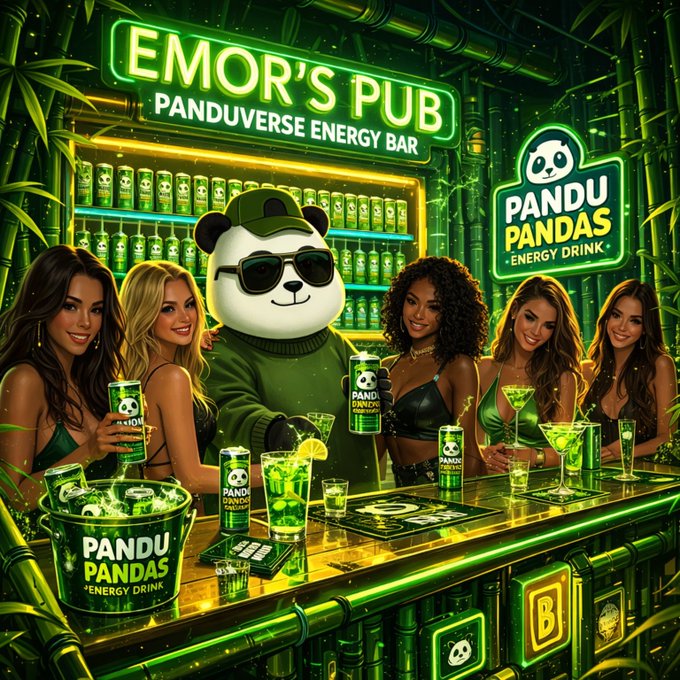 AI-generated image of a neon-green themed 'Emor's Pub - Panduverse Energy Bar' featuring a panda mascot in sunglasses alongside several women, all holding or surrounded by 'Pandu Pandas Energy Drink' cans.