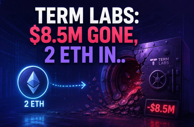 A digital graphic featuring a cracked vault labeled 'TERM LABS' with text reading 'TERM LABS: $8.5M GONE, 2 ETH IN..', showing 2 ETH being directed toward the broken safe and a '- $8.5M' loss indicator.