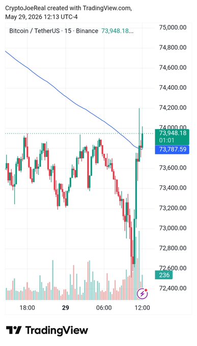 The image shows a downward trend line for Bitcoin and Ether prices in May. The chart displays a significant drop, reaching the lowest point of $74,000 for Bitcoin at 12:30 pm, and the highest point at $73,000 at 8:00 am on Friday morning. A series of bars can be seen representing different periods throughout the day, further indicating the daily fluctuations experienced by these digital assets. The post offers trading advice to consider either selling at a lower price or holding onto it until after the prices have rebounded.