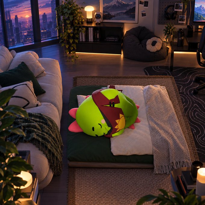 A cozy, dimly lit room features a green cartoon axolotl character sleeping peacefully on a makeshift bed on the floor, surrounded by a sofa, beanbag chair, and candles.