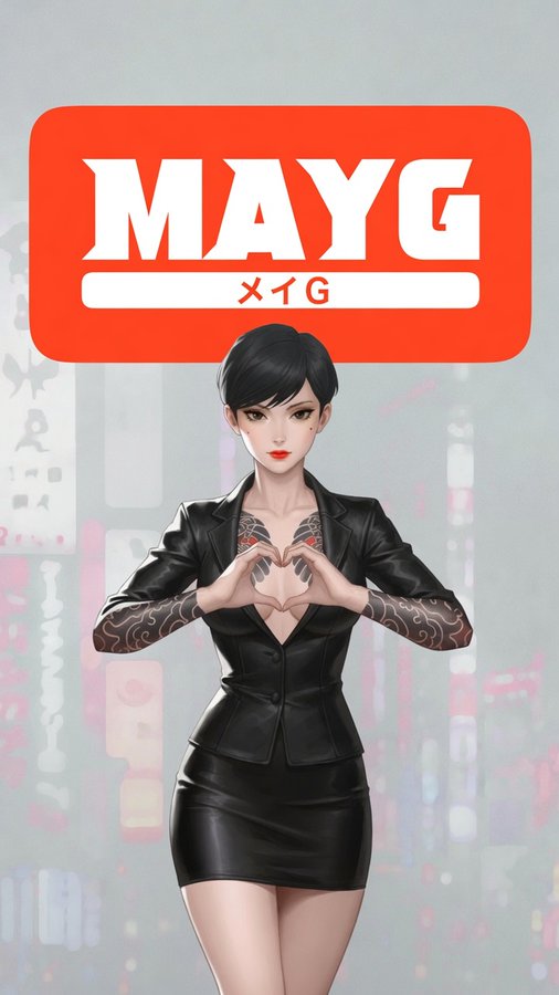 An animated character with the name "MAYG" emblazoned above her forms a heart shape with her hands, embodying the "Fight for love" message.