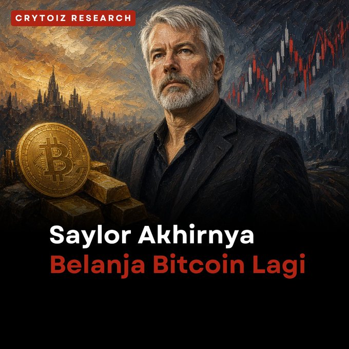 A promotional graphic titled 'CRYTOIZ RESEARCH' features a portrait of a gray-haired man in a dark shirt with Bitcoin and gold bars imagery, captioned 'Saylor Akhirnya Belanja Bitcoin Lagi' (Saylor Finally Buys Bitcoin Again).