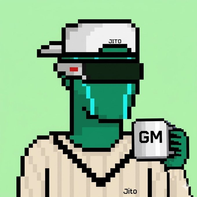 A pixel art illustration of a green-skinned character wearing a white cap labeled 'JITO' and a cream sweater, holding up a mug that reads 'GM'.