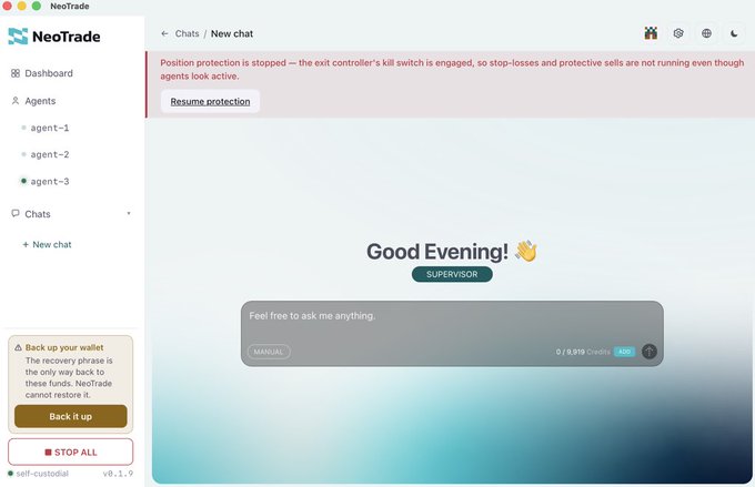 NeoTrade’s “Good Evening!” chat screen is live in **manual** mode, where users can now train or adjust their trading agent directly in the conversation. The dashboard shows agents **agent-1**, **agent-2**, and **agent-3**, a “Resume protection” alert, **0/8,919 credits**, and a prominent **STOP ALL** button.