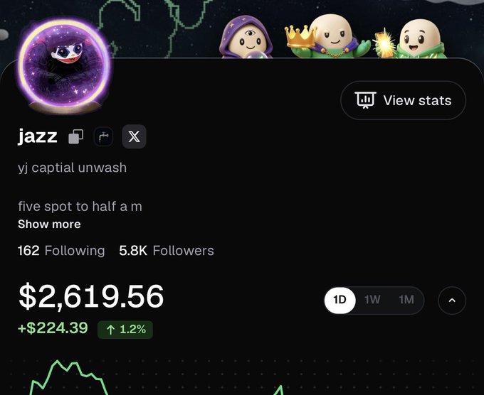A profile page for "jazz" (@yj captial unwash) shows a portfolio valued at $2,619.56, up $224.39 (1.2%) today, with 5.8K followers. The image relates to the post's narrative of a slow grind toward financial success, as jazz's modest but growing balance reflects the long, tedious journey from $500 to $500K that the user describes.