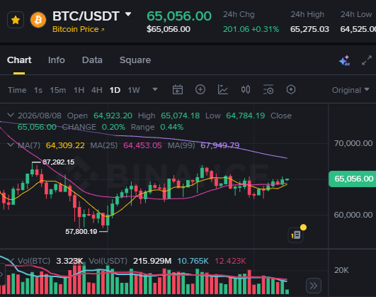 A Binance BTC/USDT price chart showing Bitcoin trading at $65,056.00, up 0.31% in 24 hours, with candlestick chart data including MA(7), MA(25), and MA(99) moving averages visible.