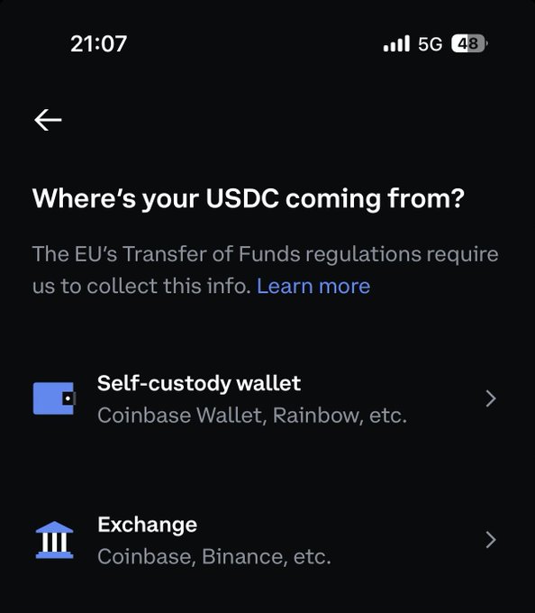 A mobile app screen asking 'Where's your USDC coming from?' regarding EU Transfer of Funds regulations, with options for Self-custody wallet and Exchange.