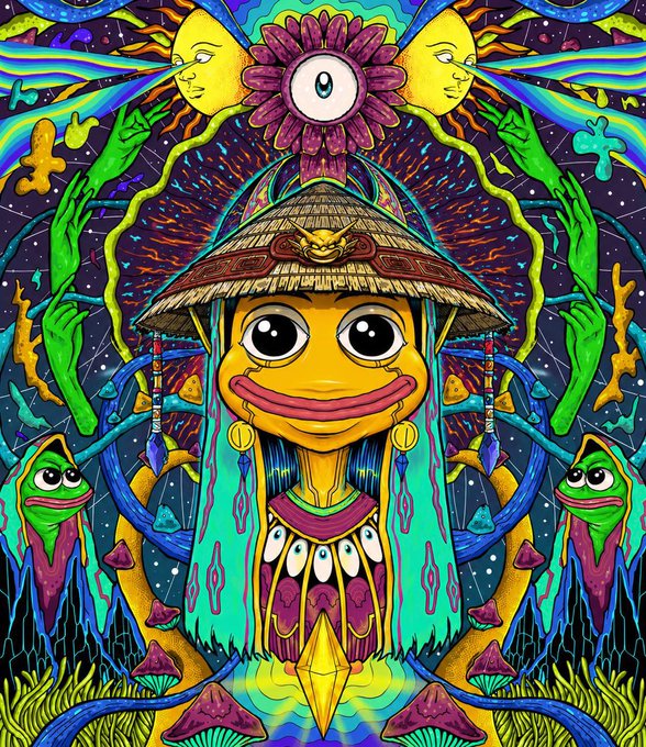 A vibrant, psychedelic digital illustration featuring a central yellow character with large eyes wearing a straw hat, surrounded by green hands, sun motifs, a third eye, and cosmic/surreal elements in neon colors.