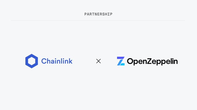 A minimalist partnership graphic on a white background showing the Chainlink logo and name, an “X,” and the OpenZeppelin logo and name under the heading “PARTNERSHIP.”