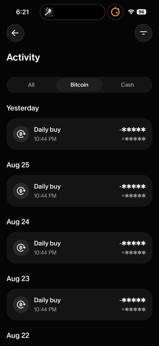 A mobile app screenshot showing an Activity log with daily Bitcoin purchases at 10:44 PM across multiple dates including Yesterday, Aug 25, Aug 24, Aug 23, and Aug 22.