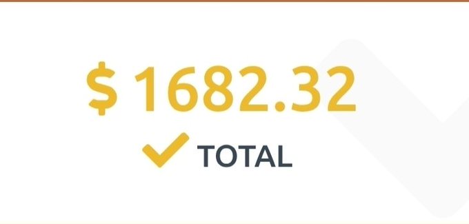A simple white screen displaying a total amount of $1682.32 in gold/yellow text with a checkmark and 'TOTAL' label.