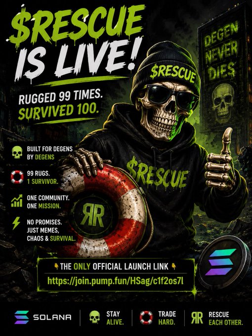 A promotional graphic for the "$RESCUE" Solana memecoin featuring a skull in a beanie giving a thumbs-up and holding a life preserver, with bold text declaring "$RESCUE IS LIVE! Rugged 99 times. Survived 100." alongside key features ("Built for Degens," "99 Rugs, 1 Survivor," "One Community, One Mission") and the official launch link join.pump.fun/HSag/c1f2os7l, visually echoing the post's resilient degen-survivor narrative.