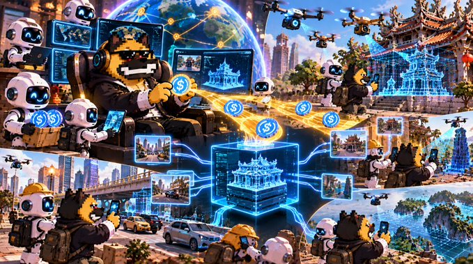 A vibrant, busy digital artwork featuring cartoon bears and robots interacting with holographic screens, drones, and glowing blue data cubes against futuristic and traditional cityscapes.