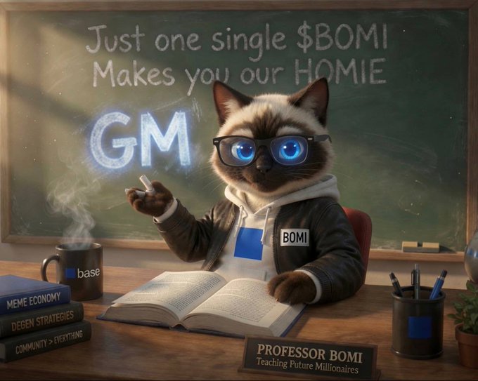 An illustration of a cat character dressed as 'PROFESSOR BOMI', wearing glasses and a hoodie with a 'base' mug nearby, standing in front of a chalkboard reading 'Just one single $BOMI Makes you our HOMIE GM', with a sign 'Teaching Future Millionaires'.