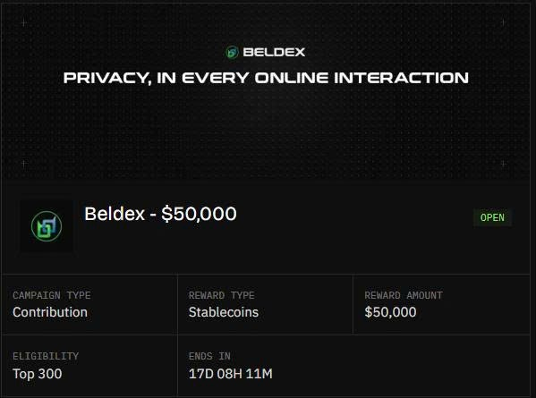 A Beldex airdrop/campaign page titled "PRIVACY, IN EVERY ONLINE INTERACTION" offering a $50,000 stablecoin reward for the top 300 contributors.