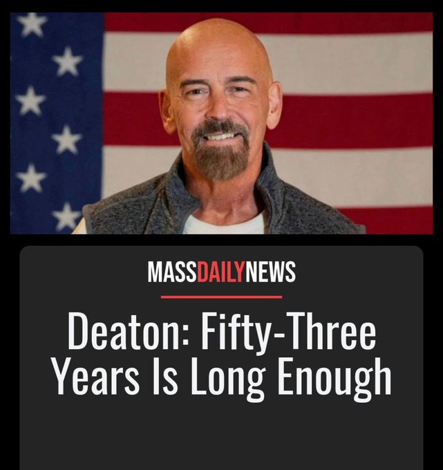 Image 7: A news graphic from MassDailyNews featuring a photo of a smiling, bald man with a goatee in front of an American flag, with the headline "Deaton: Fifty-Three Years Is Long Enough".